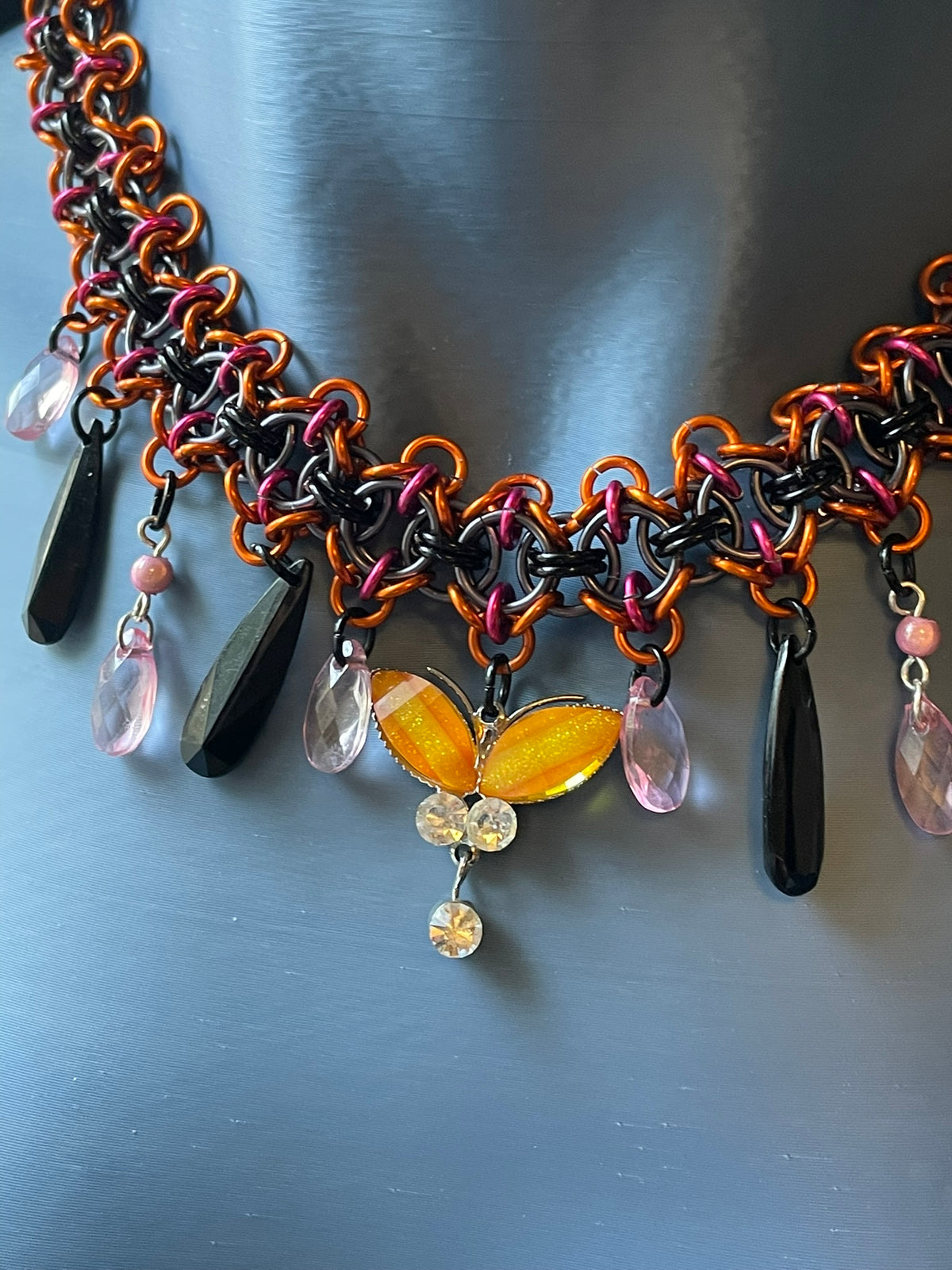 Past Lives No. 3: Orange Butterfly Choker with Pink & Black Drops