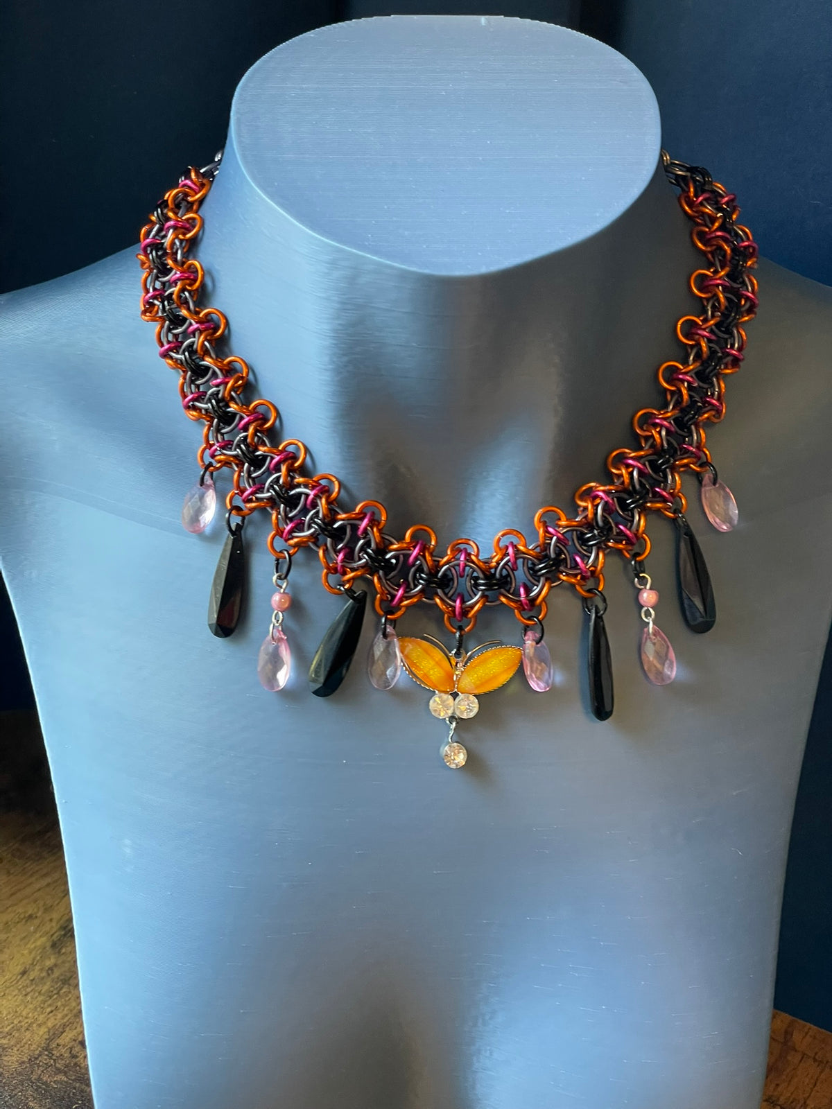 Past Lives No. 3: Orange Butterfly Choker with Pink & Black Drops