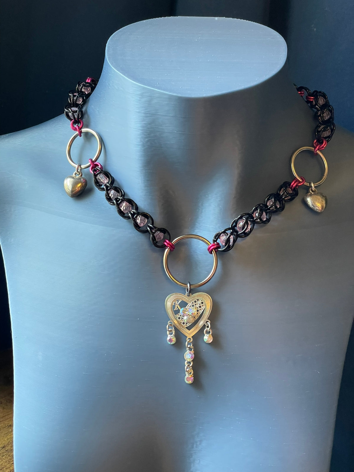 Past Lives No. 4: Black & Pink Heart Choker with Rhinestone Charm