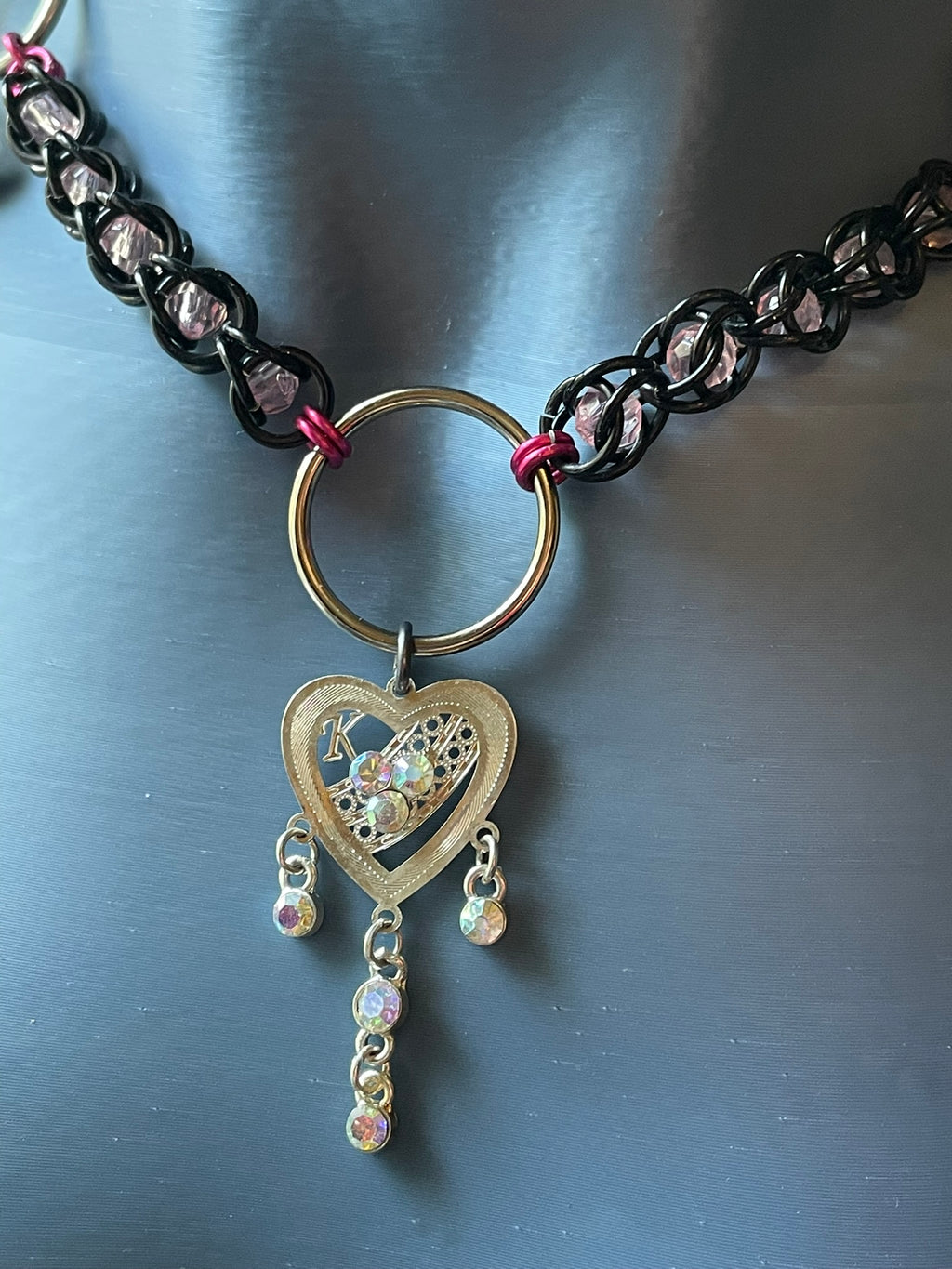 Past Lives No. 4: Black & Pink Heart Choker with Rhinestone Charm